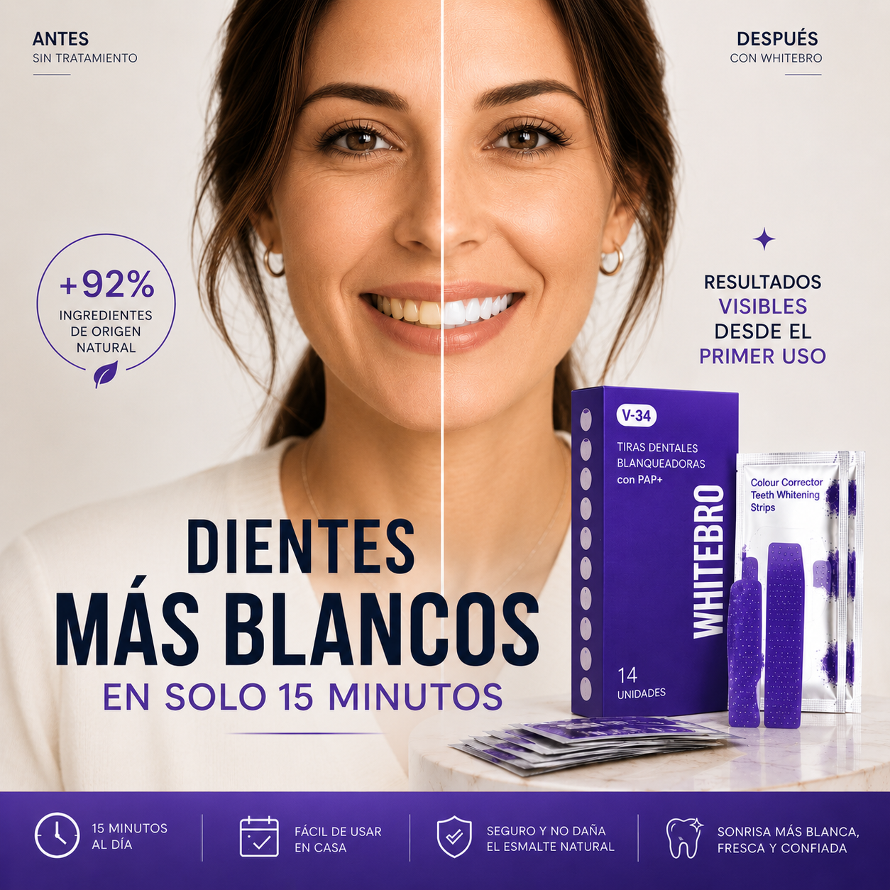 Tiras blanqueadoras V34 antes y despues en 15 minutos